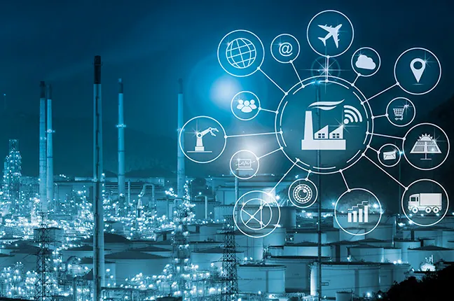 Representação de fábrica conectada com equipamentos industriais integrados em rede