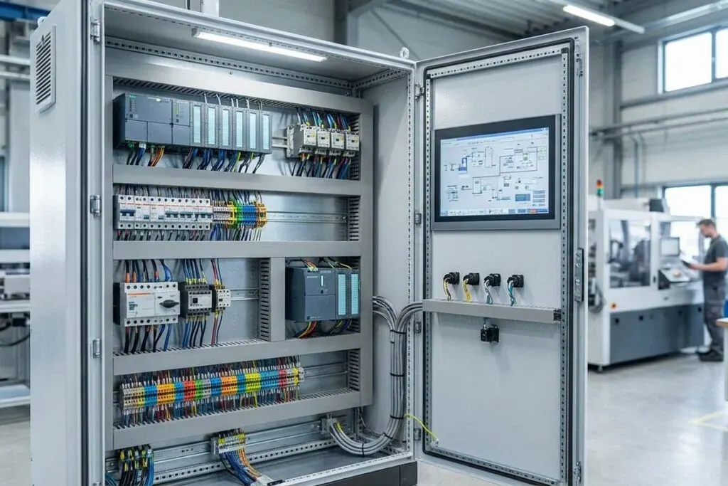 Painel elétrico industrial aberto, com disjuntores, contatores e cabeamento organizado